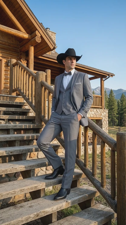 Men's Medium Grey Western 3-Piece Tuxedo Suit with Vest – Cowboy Style Formal Country Outfit
