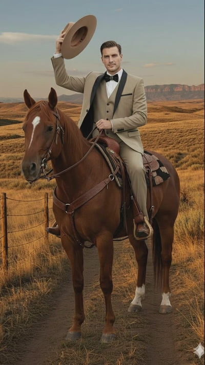 Men’s Western Cowboy Suit – 3-Piece Tan Tuxedo with Black Lapel, Vest, and Pants Beige  Color