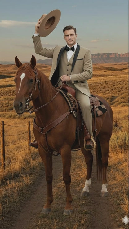 Men’s Western Cowboy Suit – 3-Piece Tan Tuxedo with Black Lapel, Vest, and Pants Beige  Color