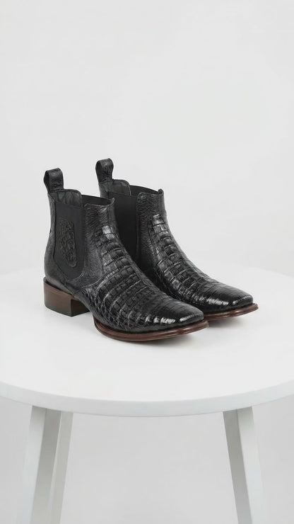 Men’s Los Altos Black Caiman Belly Short Boots with Wide Square Toe, Exotic Western Ankle Boots