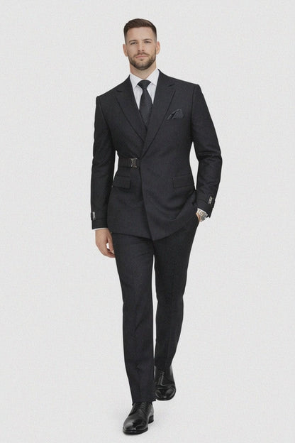 Men’s Black Double Breasted Wool Suit with Metal Buckle Closure