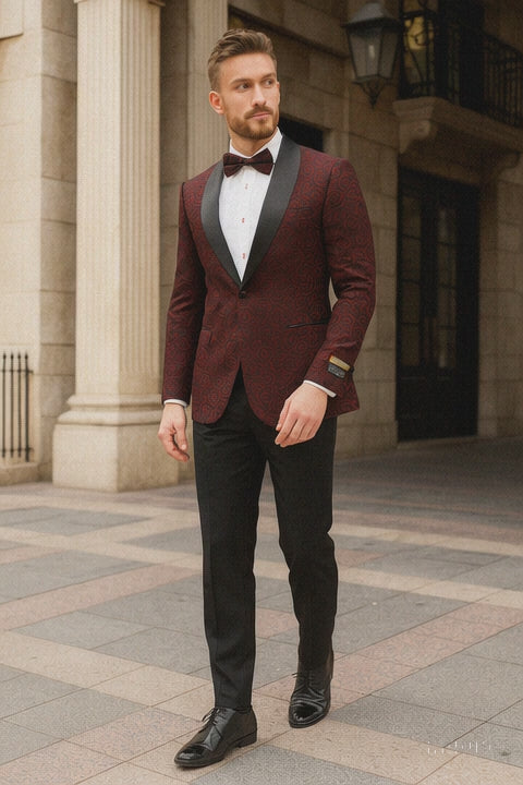 Men’s Burgundy Paisley Tuxedo Jacket with Black Satin Lapel With Bowtie