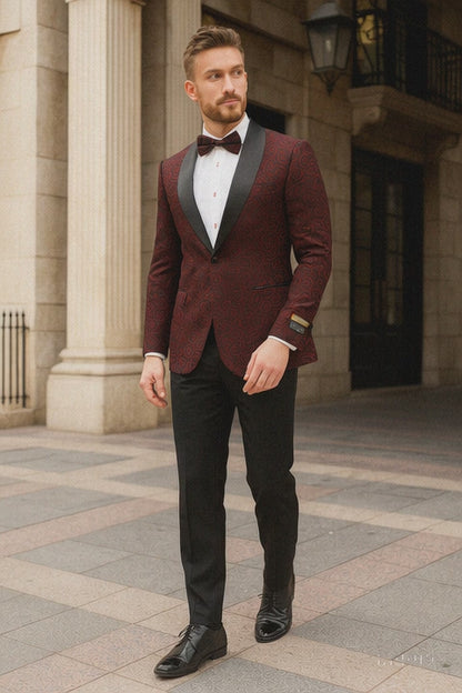 Men’s Burgundy Paisley Tuxedo Jacket with Black Satin Lapel With Bowtie