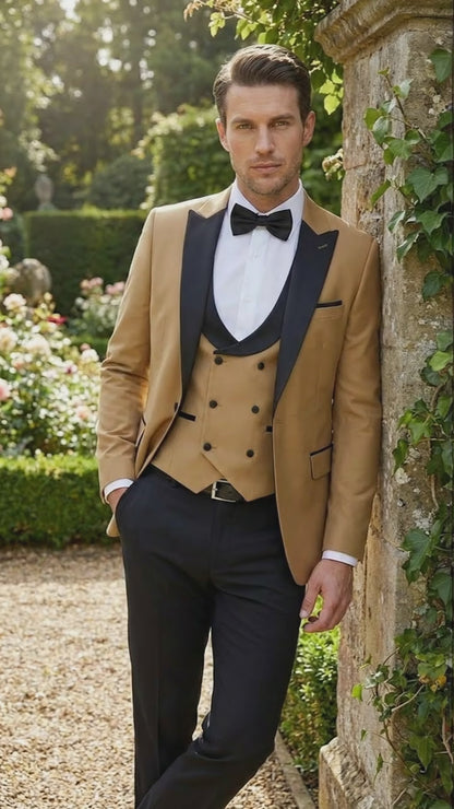 Men's Dark Camel Tan Khaki and Black Great Gatsby Tuxedo Suit – Vintage 1920s Formal Wedding, Party and Event Wear