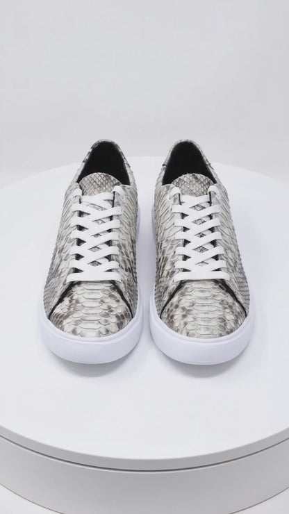 Men’s Natural Genuine Full Python Skin Sneakers, Exotic Lace-Up Casual Shoes