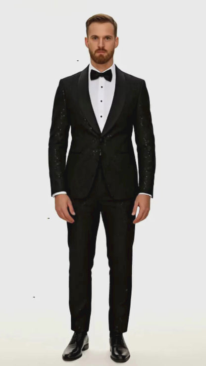 Black Sequin Tuxedo Suit with Satin Shawl Lapel – Mens Slim Fit Formal Prom and Wedding Attire