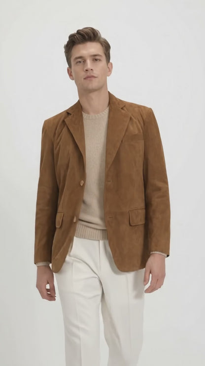 Men’s Camel Brown Suede Leather Blazer – Classic Two Button Suede Sport Coat