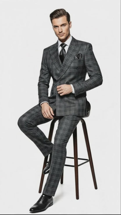 Men’s Charcoal Plaid Double-Breasted Suit –  Tailored Pants Windowpane Pattern By Rossiman