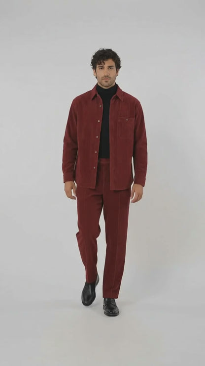 Mens Corduroy Shirt and Pants Walking Suit in Winter Cotton Fabric Casual in Color Burgundy leisure Style