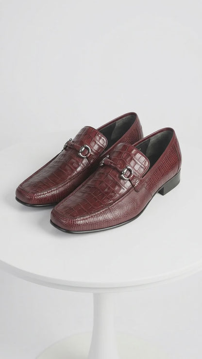 Los Altos Men’s Burgundy Crocodile Lizard Metal Bit Loafers, Exotic Dress Shoes