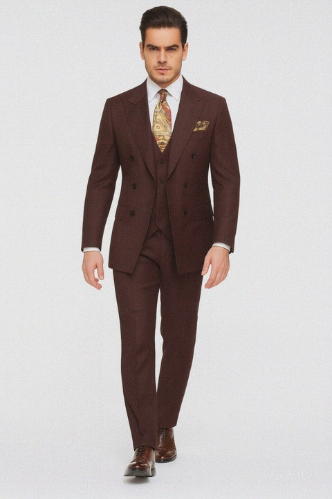 Double Breasted Suits - Vested Suits Wool Fabric - Apolo King Brand - Solid Brown Suit