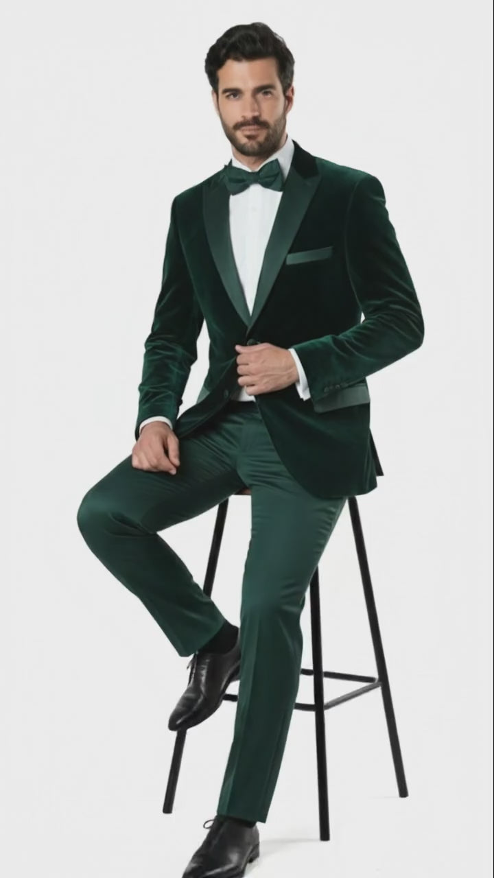 Men’s Dark Green Velvet Tuxedo Dinner Jacket – Slim Fit Formal Blazer with Satin Peak Lapel Lape