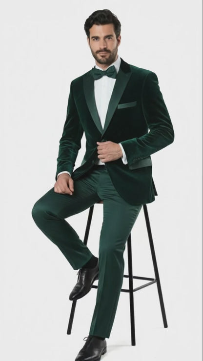 Men’s Dark Green Velvet Tuxedo Dinner Jacket – Slim Fit Formal Blazer with Satin Peak Lapel Lape