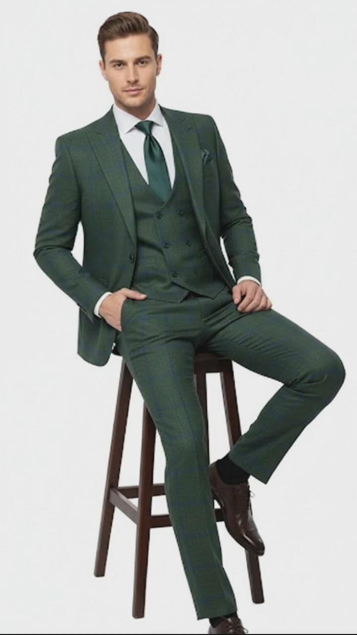 Men’s Green Plaid 3-Piece Suit – Classic Check Slim Fit Suit for Weddings, Church, and Formal By Rossiman