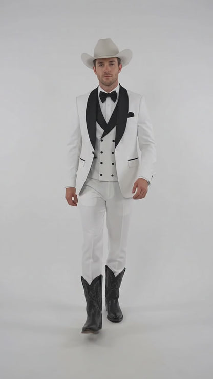 Men’s White and Black Western Wedding Tuxedo – Cowboy Style 3-Piece Traje para Boda with Double-Breasted Vest