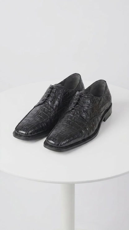 Men’s Los Altos Black Crocodile Bike Toe Dress Shoes, Exotic Formal Lace Up Shoes