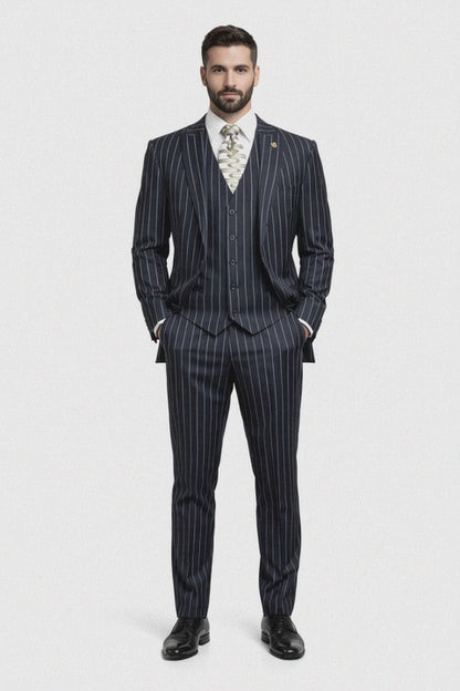 Mens 2 Button Gangster Pinstripe Suit in BLACK / GREY / NAVY / BURGUNDY