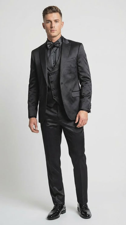 Men’s All Shiny Black Satin Suit – Black Satin Tuxedo Suit for Prom, Wedding, Formal Party and Evening Events Double breasted Vest