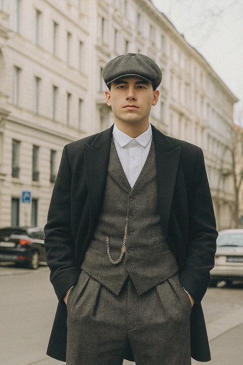 Mens Peaky Blinders Costume Thomas Shelby Grey 3 Piece Suit with Black Overcoat & Hat