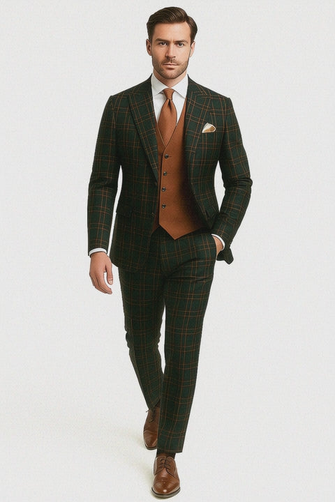 Mens Green Suit - Designer Brand Suit No Pleated Pants Modern Fit