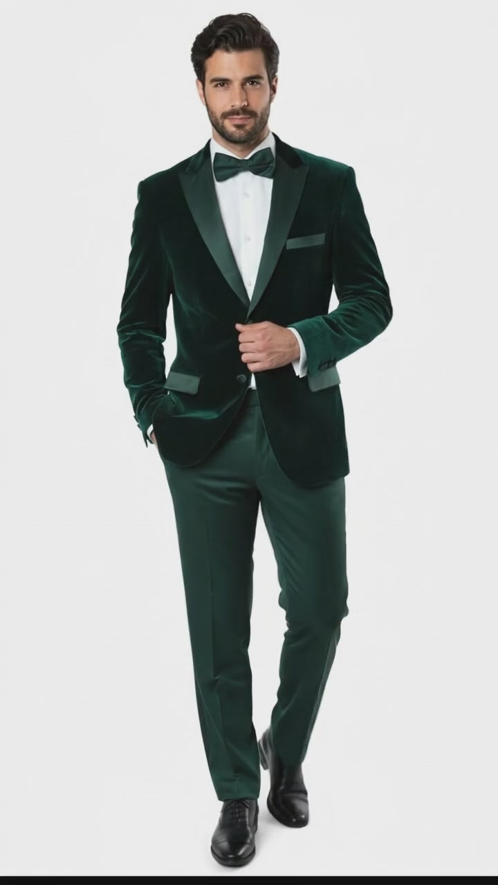 Men’s Dark Green Velvet Tuxedo Dinner Jacket – Slim Fit Formal Blazer with Satin Peak Lapel Lape
