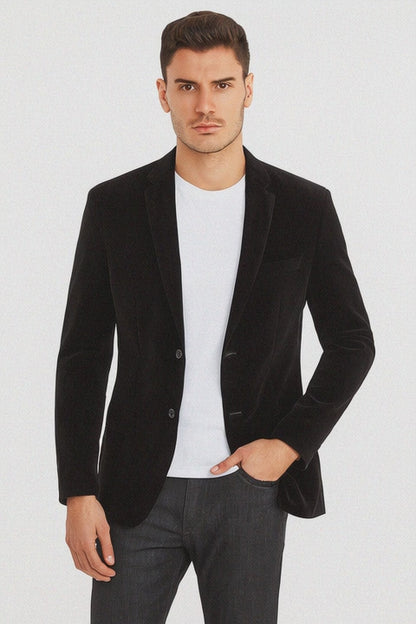 Mens Modern Fit 2 Button Velvet Blazer in Black