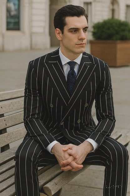 Black Pinstripe Suit - Gangster Suit - 1920's Suit - Double Breasted Suit