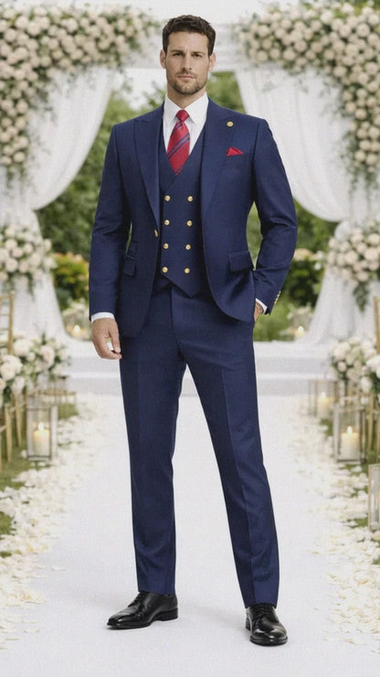 Rossiman Navy Blue Suit for Men – Classic 1-Button Peak Lapel Jacket & Double-Breasted Vest