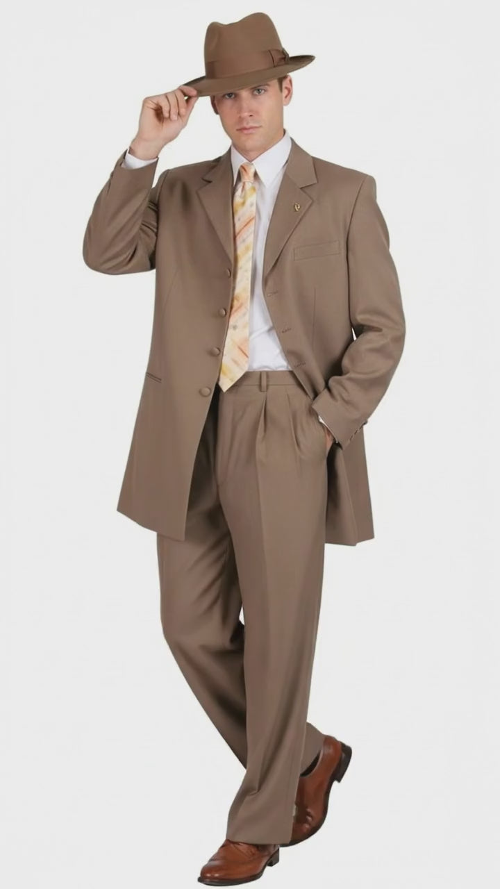 Men’s 1920s Tan Zoot Suit with Fedora Hat and Wingtip Shoes – Vintage Gangster 3-Piece Long Jacket Suit