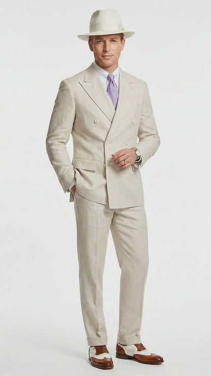 Mens Ivory Off White Double Breasted AI Capone Suit – Classic 1920s Vintage Gangster Style Formal Suit