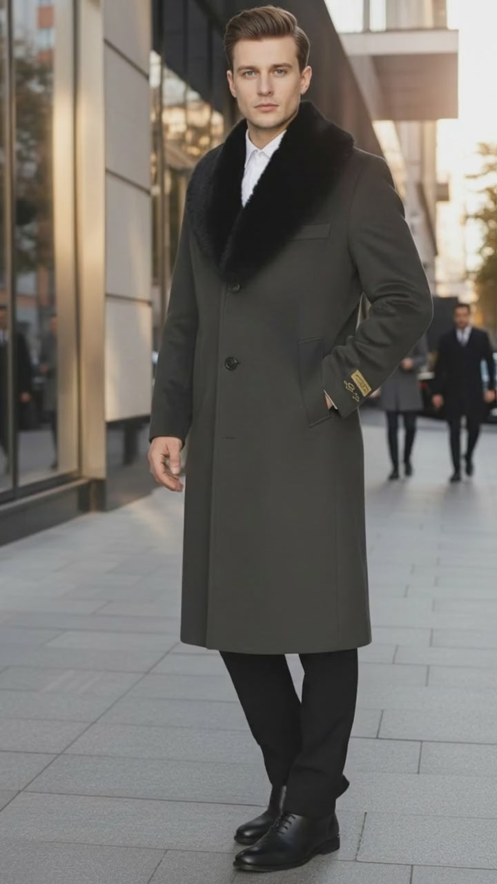 Mens Full Length Olive Overcoat with Black Fur Collar – Luxury Wool Fabric Winter Long Coat in Hunter Green
