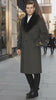 Mens Full Length Olive Overcoat with Black Fur Collar – Luxury Wool Fabric Winter Long Coat in Hunter Green