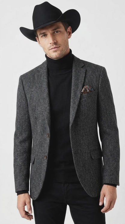 Men’s Charcoal Grey Herringbone Western Winter Blazer – Cowboy Sport Coat Jacket