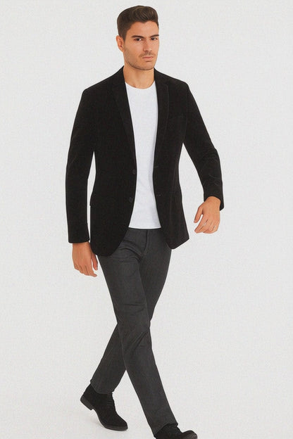 Mens Modern Fit 2 Button Velvet Blazer in Black