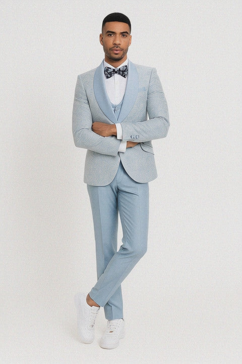 2024 Prom Special Blue Tuxedo Suit w/ Double-Breasted Vest by Tazzio