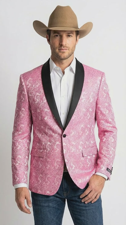 Mens Hot Pink Paisley Western Blazer Jacket – Stylish Pattern Formal Blazer with Black Shawl Lapel for Party, Wedding Cowboy Sportcoat