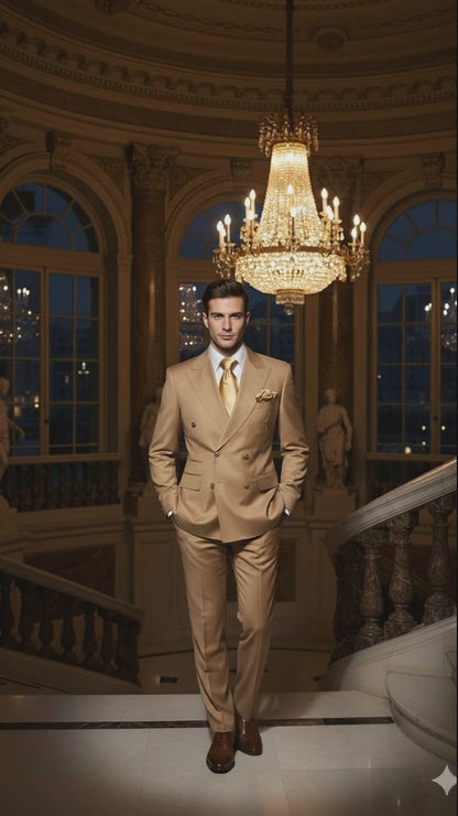 Mens Camel - Bronze - Goldish khaki Double-Breasted Suit – Luxury 2-Piece Formal Set with Gold Buttons and Peak Lapels by Rossi Man