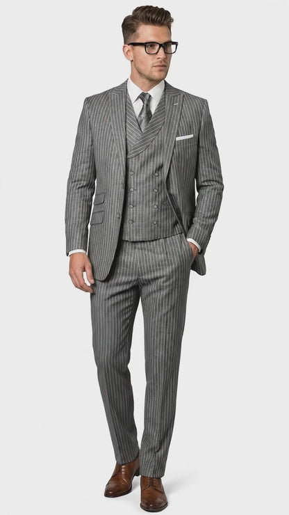 Men’s Grey Pinstripe Double Breasted Vest Suit 2 Button Gangster Style Formal Suit