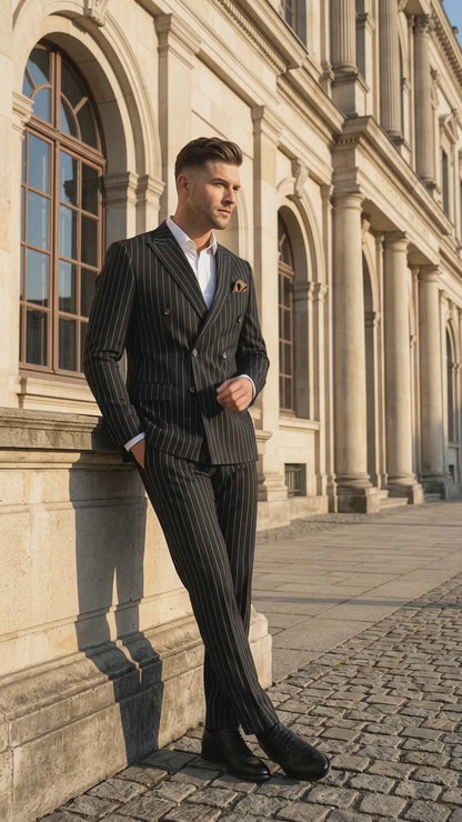 Men's Black Pinstripe Tuxedo Suit – Classic  & 1920s Gangster Formal Wear Vintage 1940s 1930s Look