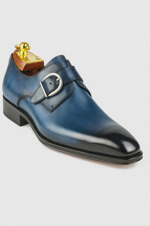 Mens Carrucci Classic Leather Fade Single D-Buckle Monk Strap Dress Shoe in Chestnut