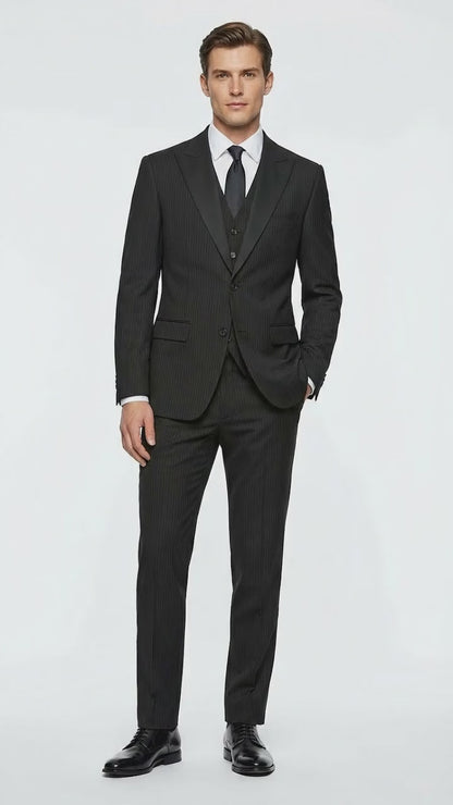 Vitali Mens Black Tone on Tone Shadow Stripe Vested Suit Set – 3 Piece Modern Fit Pinstripe Two Buttons