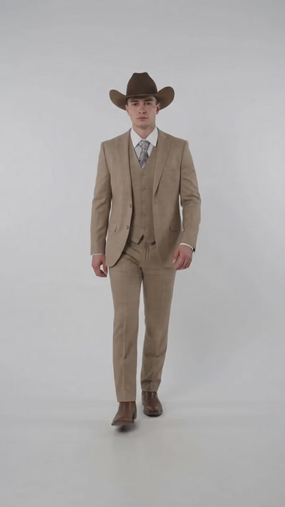 Men’s Khaki Tan Plaid Western Cowboy 3-Piece Suit – Texture Plaid windowpane Blazer, Vest & Pants