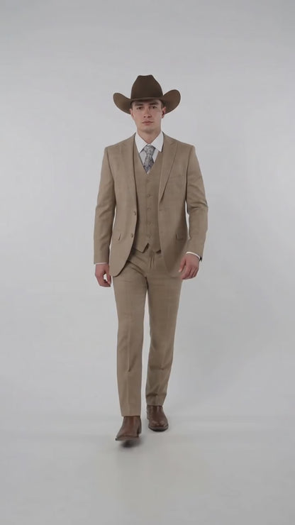 Men’s Khaki Tan Plaid Western Cowboy 3-Piece Suit – Texture Plaid windowpane Blazer, Vest & Pants