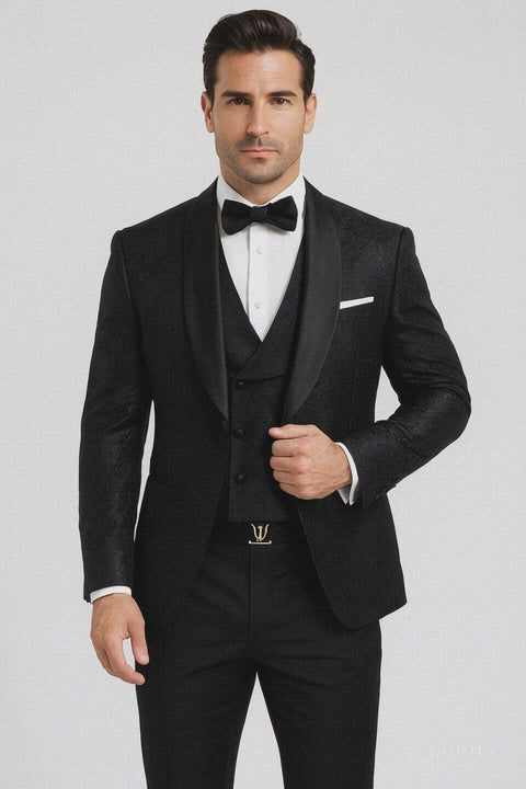Classic Black Floral Lace Tuxedo with Vest – Modern Men’s Wedding Suit