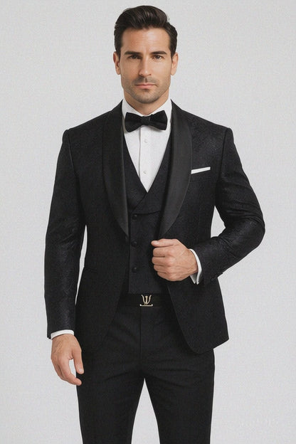 Classic Black Floral Lace Tuxedo with Vest – Modern Men’s Wedding Suit