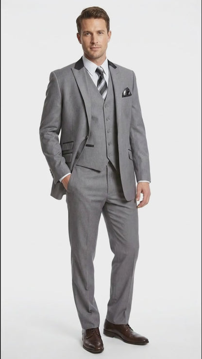 Men’s Light Gray Three Piece Suit with Black Chesterfield Collar  – Classic Formal Wedding and Business Suit Set 1920s Vintage