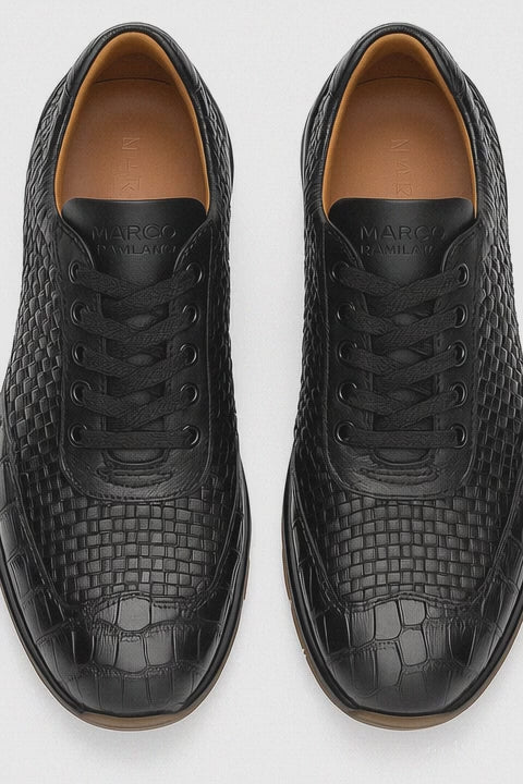Marco Di Milano Roma Men's Shoes Black Genuine Caiman Crocodile / Woven Leather Fashion Sneakers