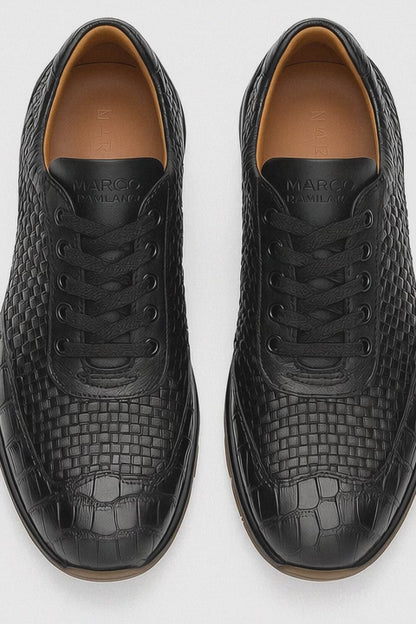Marco Di Milano Roma Men Shoe Black Genuine Caiman Crocodile / Woven Leather Fashion Sneakers