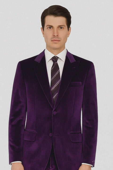 Men’s Purple Velvet Peak Lapel Suit – 2-Piece Skinny Fit Formalwear by Tazzio