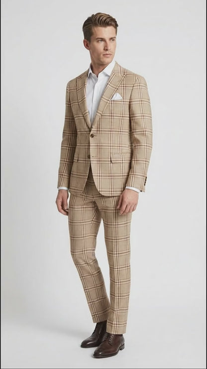 Beige Tan Plaid windowpane Two Piece Suit for Men | Classic Checkered Formal Suit with Jacket and Pants by Rossiman